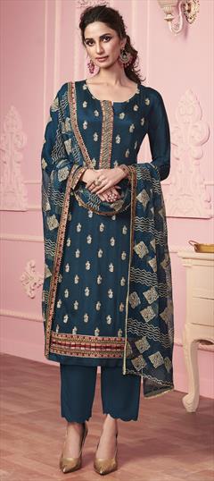 Festive, Party Wear Blue color Salwar Kameez in Georgette fabric with Straight Embroidered, Sequence, Thread, Zari work : 1735554