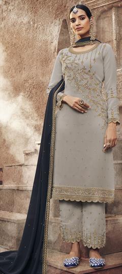 Festive, Reception Black and Grey color Salwar Kameez in Georgette fabric with Straight Embroidered, Stone, Thread work : 1735772