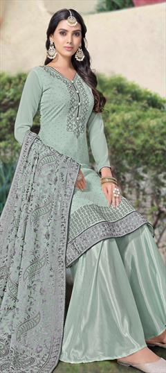 Festive, Party Wear Green color Salwar Kameez in Georgette fabric with Pakistani, Palazzo Embroidered, Stone, Thread work : 1737010