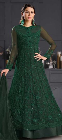 Festive, Party Wear Green color Salwar Kameez in Net fabric with Anarkali Embroidered, Resham, Sequence, Thread work : 1743114