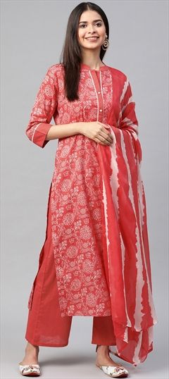 Festive, Party Wear Red and Maroon color Salwar Kameez in Cotton fabric with Palazzo Floral, Printed work : 1746082