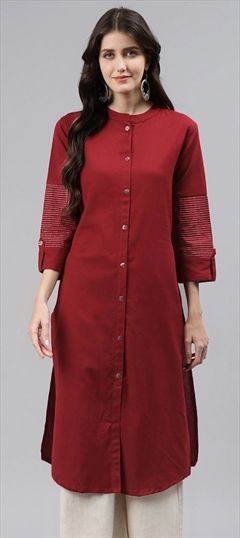 Festive, Party Wear Red and Maroon color Kurti in Cotton fabric with Straight Thread, Zari work : 1746114