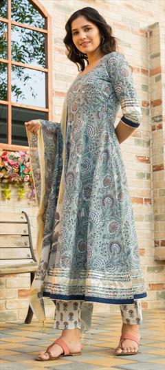 Festive, Party Wear Blue color Salwar Kameez in Cotton fabric with Anarkali Gota Patti, Printed work : 1746154