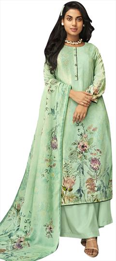 Engagement, Festive, Party Wear Green color Salwar Kameez in Velvet fabric with Palazzo Digital Print, Floral work : 1746977