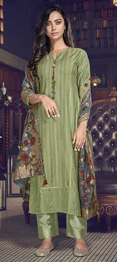 Party Wear Green color Salwar Kameez in Tussar Silk fabric with Straight Thread work : 1751327