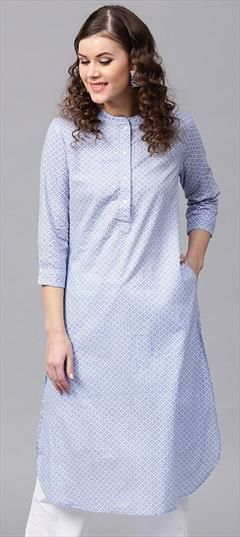 Casual Blue color Kurti in Cotton fabric with Elbow Sleeve, Straight Printed work : 1753333