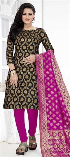 Traditional Black and Grey color Salwar Kameez in Banarasi Silk fabric with Churidar, Straight Weaving work : 1754062