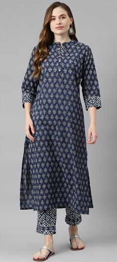 Casual Blue color Tunic with Bottom in Cotton fabric with Gota Patti, Printed work : 1754172