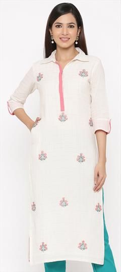 Casual White and Off White color Kurti in Cotton fabric with Long Sleeve, Straight Embroidered work : 1754414