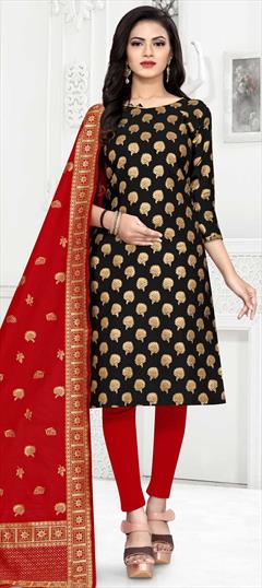 Casual Black and Grey color Salwar Kameez in Banarasi Silk fabric with Straight Weaving work : 1754827