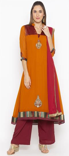 Festive, Party Wear Orange color Salwar Kameez in Georgette fabric with A Line Patch work : 1755086