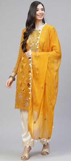 Festive, Party Wear Yellow color Salwar Kameez in Georgette fabric with Straight Embroidered, Resham, Stone, Zari work : 1755124