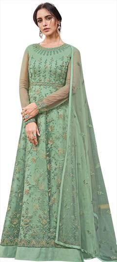 Festive, Reception Green color Salwar Kameez in Net fabric with Anarkali Embroidered, Sequence, Zari work : 1756357