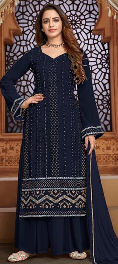 Festive, Party Wear Blue color Salwar Kameez in Faux Georgette fabric with Palazzo Embroidered, Lace, Mirror, Thread work : 1757984