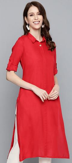 Casual Red and Maroon color Kurti in Rayon fabric with Long Sleeve, Straight Thread work : 1760840