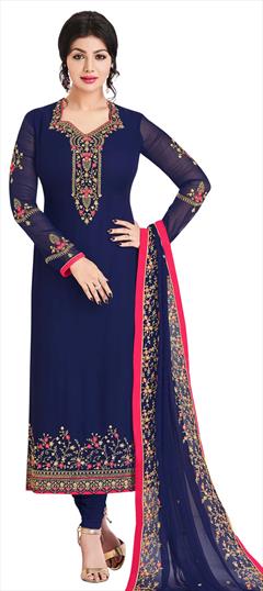 Bollywood Blue color Salwar Kameez in Faux Georgette fabric with Straight Embroidered, Resham, Stone, Thread, Zari work : 1761449