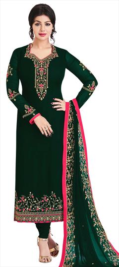 Bollywood Green color Salwar Kameez in Faux Georgette fabric with Straight Embroidered, Resham, Stone, Thread, Zari work : 1761452