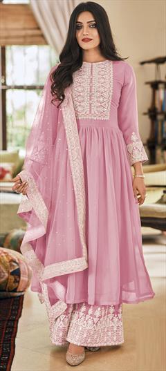 Festive, Party Wear Pink and Majenta color Salwar Kameez in Faux Georgette fabric with A Line, Palazzo Embroidered, Resham, Thread work : 1763772