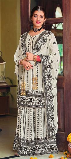 Festive, Party Wear White and Off White color Salwar Kameez in Faux Georgette fabric with Pakistani, Palazzo Embroidered, Resham, Thread work : 1765334