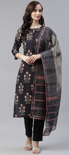 Casual Black and Grey color Salwar Kameez in Faux Crepe fabric with Straight Digital Print, Floral work : 1766347