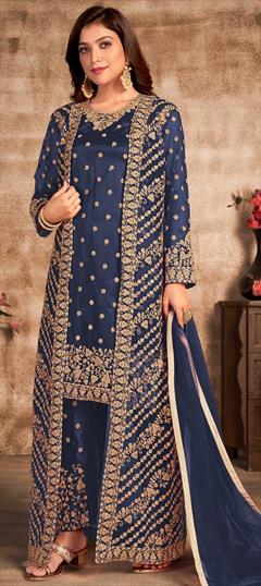 Festive, Party Wear Blue color Salwar Kameez in Net fabric with Straight Embroidered, Stone, Thread, Zari work : 1768266