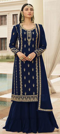 Festive, Party Wear Blue color Salwar Kameez in Georgette fabric with Sharara Embroidered, Thread, Zari work : 1768329