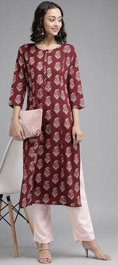 Casual, Party Wear Red and Maroon color Tunic with Bottom in Cotton fabric with Printed work : 1768344