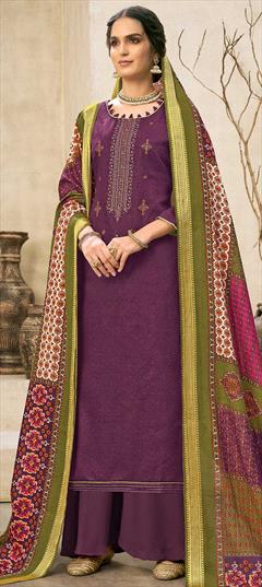 Festive, Mehendi Sangeet, Party Wear Purple and Violet color Salwar Kameez in Cotton fabric with Palazzo Embroidered, Printed, Resham, Stone, Swarovski, Thread, Zari work : 1769260