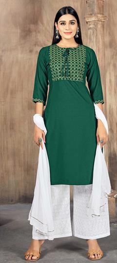 Festive, Party Wear Green color Salwar Kameez in Rayon fabric with Palazzo Embroidered, Thread work : 1769614