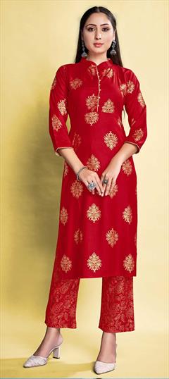 Casual Red and Maroon color Tunic with Bottom in Rayon fabric with Foil Print work : 1770176