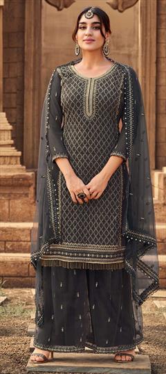 Festive, Mehendi Sangeet, Party Wear Black and Grey color Salwar Kameez in Georgette fabric with Sharara Embroidered, Thread work : 1771948