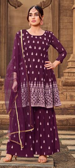Festive, Mehendi Sangeet, Party Wear Purple and Violet color Salwar Kameez in Georgette fabric with Sharara Embroidered, Thread work : 1771949