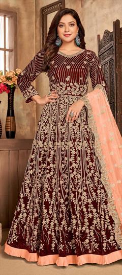Engagement, Festive, Party Wear Red and Maroon color Salwar Kameez in Velvet fabric with Anarkali Embroidered, Thread, Zari work : 1773226