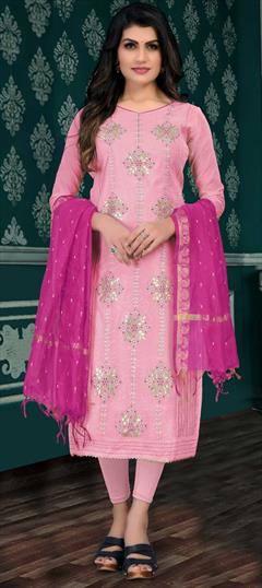 Festive, Party Wear Pink and Majenta color Salwar Kameez in Chanderi Silk fabric with Straight Embroidered, Resham, Sequence, Thread, Zari work : 1774803