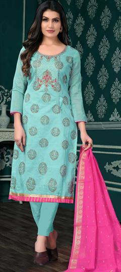 Festive, Party Wear Blue color Salwar Kameez in Chanderi Silk fabric with Straight Embroidered, Resham, Sequence, Thread, Zari work : 1774805