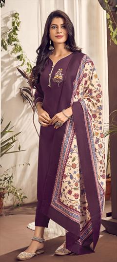 Casual Purple and Violet color Salwar Kameez in Cotton fabric with Straight Resham, Thread work : 1780481