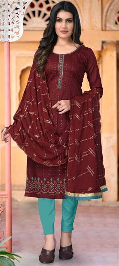 Festive, Party Wear Beige and Brown color Salwar Kameez in Cotton fabric with Straight Embroidered, Thread work : 1780646
