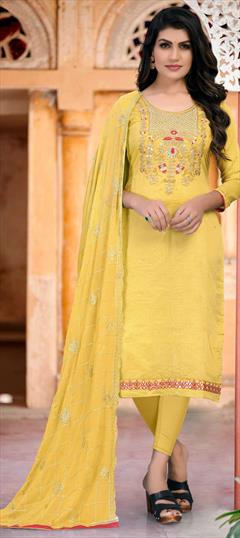 Festive, Party Wear Yellow color Salwar Kameez in Chanderi Silk fabric with Straight Embroidered, Thread work : 1780657