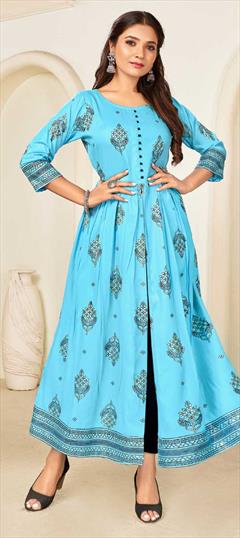 Casual Blue color Kurti in Rayon fabric with Long, Slits Printed work : 1781227