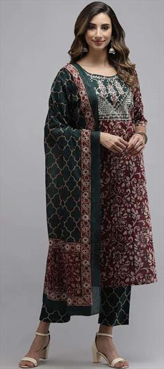 Casual, Party Wear Green, Red and Maroon color Salwar Kameez in Cotton fabric with Straight Printed work : 1784363