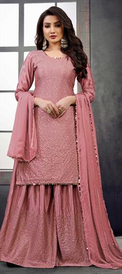 Festive, Party Wear Pink and Majenta color Salwar Kameez in Chiffon fabric with Palazzo Sequence, Thread work : 1787055