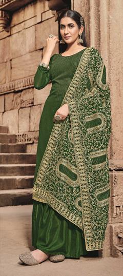 Festive, Party Wear Green color Salwar Kameez in Georgette fabric with Palazzo Stone work : 1787058