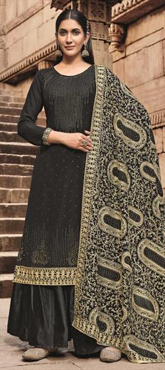 Festive, Party Wear Black and Grey color Salwar Kameez in Georgette fabric with Palazzo Stone work : 1787061