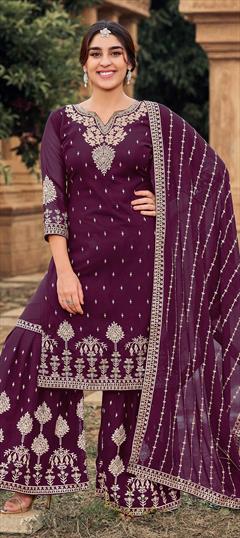 Festive, Party Wear Purple and Violet color Salwar Kameez in Faux Georgette fabric with Sharara Embroidered, Sequence, Thread work : 1787101