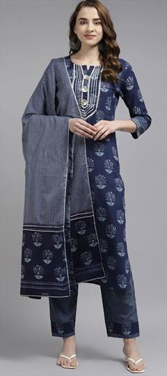 Party Wear Blue color Salwar Kameez in Cotton fabric with Straight Printed work : 1787962