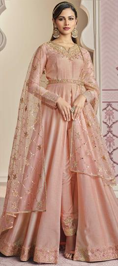 Festive, Mehendi Sangeet, Party Wear Pink and Majenta color Salwar Kameez in Art Silk, Silk fabric with Slits Embroidered, Resham, Sequence, Thread work : 1788347