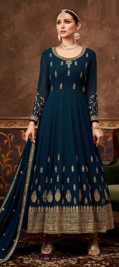 Festive, Party Wear Blue color Salwar Kameez in Georgette fabric with Anarkali Embroidered, Stone, Thread, Zari work : 1788694