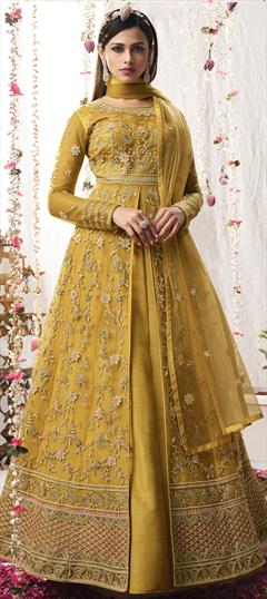 Festive, Party Wear Yellow color Salwar Kameez in Net fabric with Anarkali Resham, Sequence, Thread, Zari work : 1789181