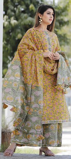 Festive, Party Wear Yellow color Salwar Kameez in Cotton fabric with Palazzo Block Print, Gota Patti work : 1789418