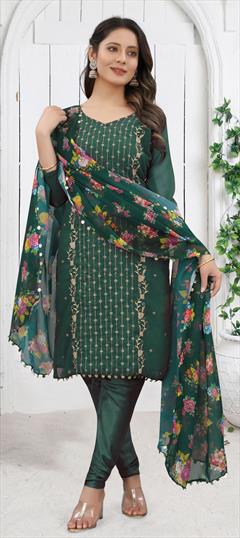 Festive, Party Wear Green color Salwar Kameez in Faux Georgette fabric with Straight Embroidered, Thread, Zari work : 1790679
